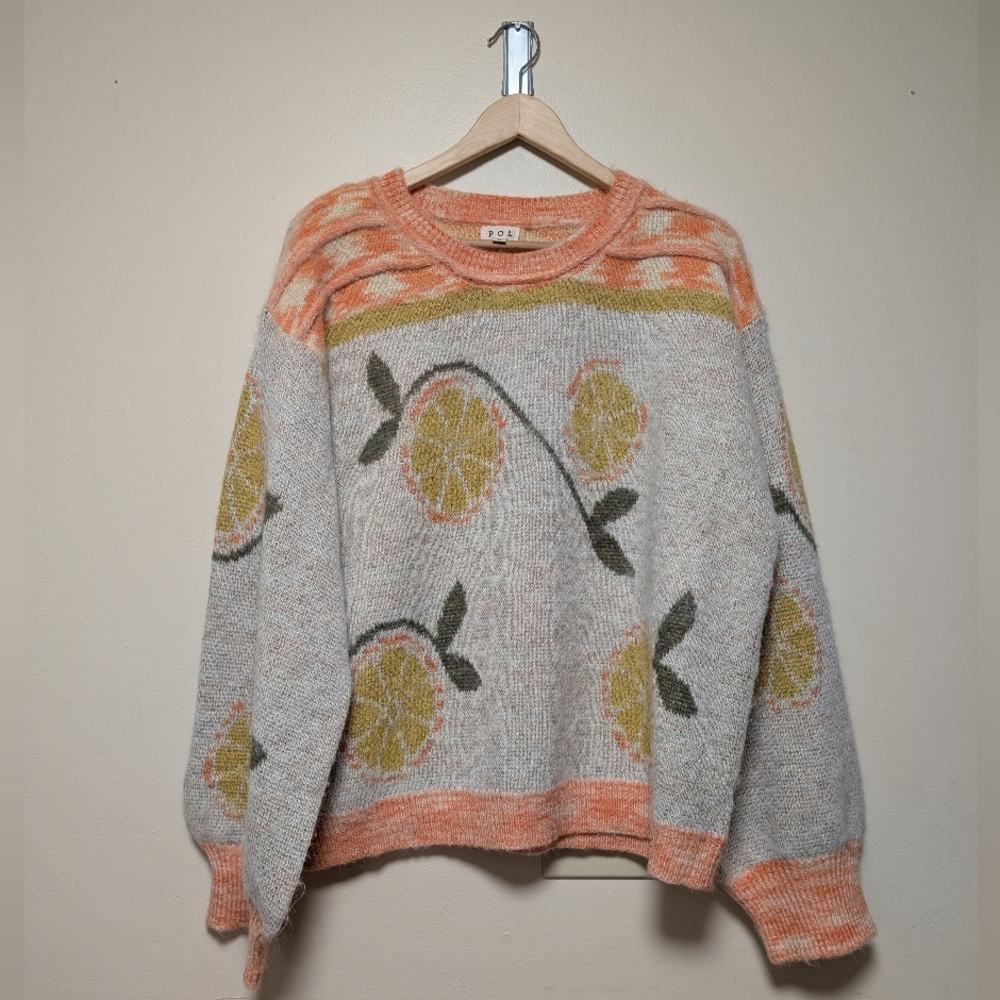 POL Lemon Knit Sweater Fruit Graphic Orange Cream Women’s L